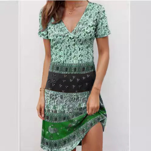 Women’s Mini Dress – Relaxed Fit – Deep V-Neck – Short Sleeve Boho Patchwork Cotton by Lumina Vancouver