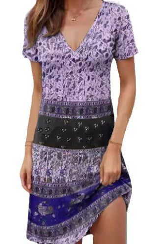 Women’s Mini Dress – Relaxed Fit – Deep V-Neck – Short Sleeve Boho Patchwork Cotton by Lumina Vancouver