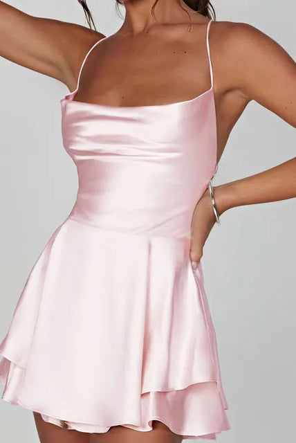 Women's Satin Mini Dress - Cowl Neck - Spaghetti Straps - Elegant A-Line Silhouette by Lumina Vancouver