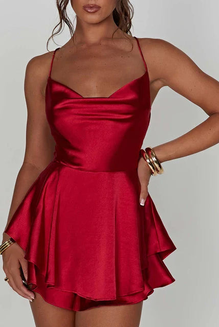 Women's Satin Mini Dress - Cowl Neck - Spaghetti Straps - Elegant A-Line Silhouette by Lumina Vancouver