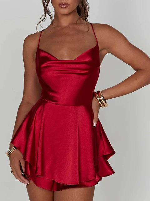 Women's Satin Mini Dress - Cowl Neck - Spaghetti Straps - Elegant A-Line Silhouette by Lumina Vancouver