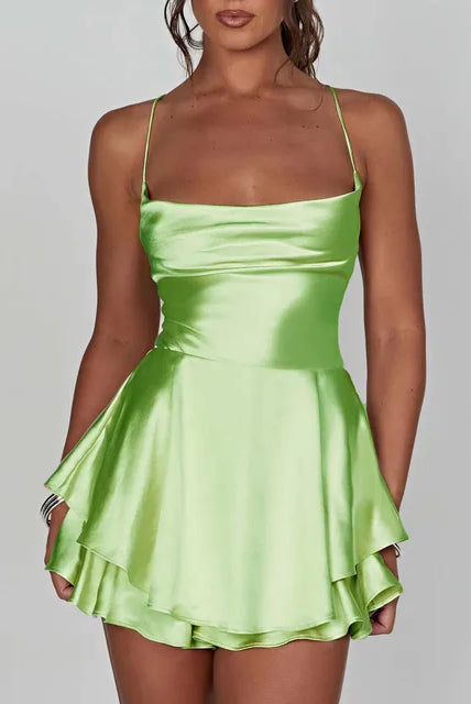 Women's Satin Mini Dress - Cowl Neck - Spaghetti Straps - Elegant A-Line Silhouette by Lumina Vancouver