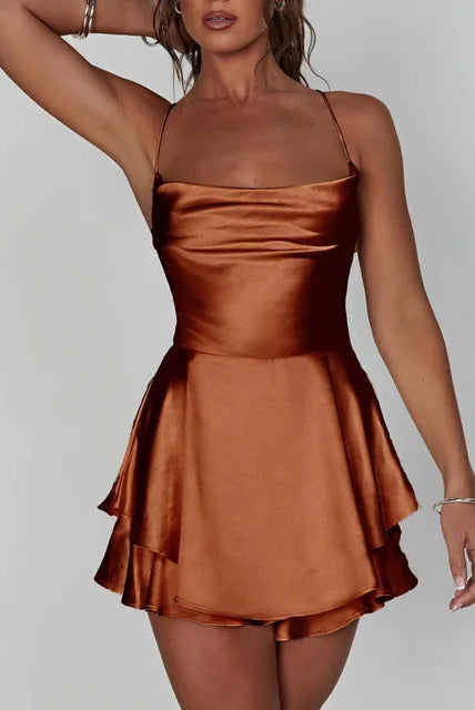 Women's Satin Mini Dress - Cowl Neck - Spaghetti Straps - Elegant A-Line Silhouette by Lumina Vancouver