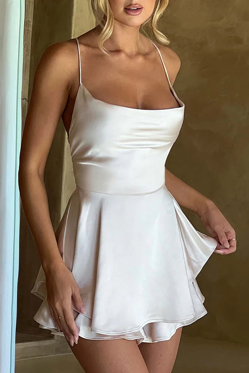 Women's Satin Mini Dress - Cowl Neck - Spaghetti Straps - Elegant A-Line Silhouette by Lumina Vancouver