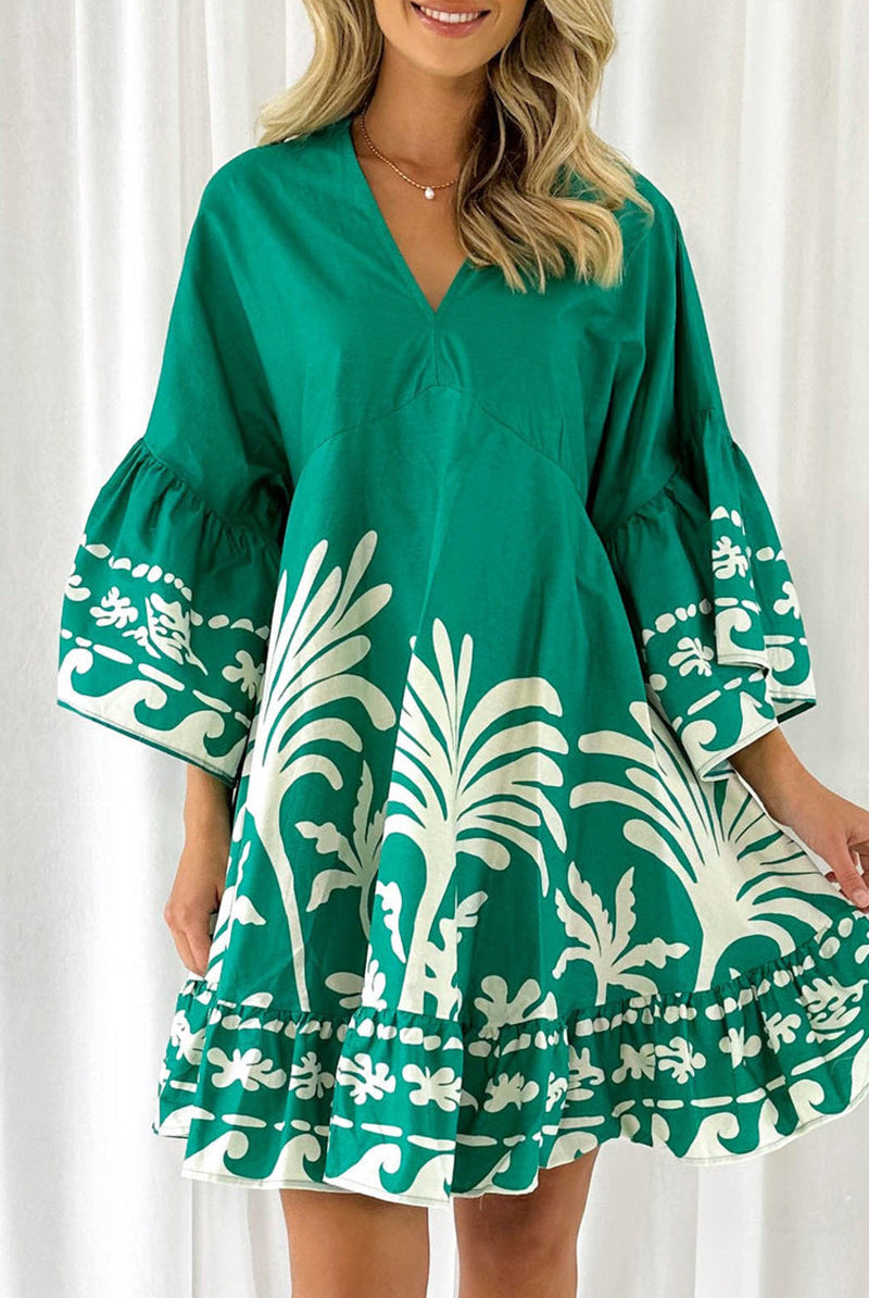 Women’s V-Neck A-Line Dress - Bohemian Print - Bell Sleeves - Tiered Hem by Lumina Vancouver