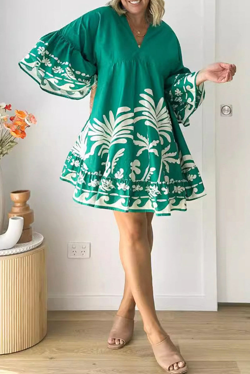 Women’s V-Neck A-Line Dress - Bohemian Print - Bell Sleeves - Tiered Hem by Lumina Vancouver