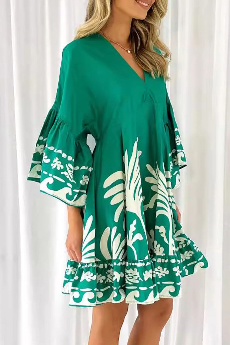Women’s V-Neck A-Line Dress - Bohemian Print - Bell Sleeves - Tiered Hem by Lumina Vancouver