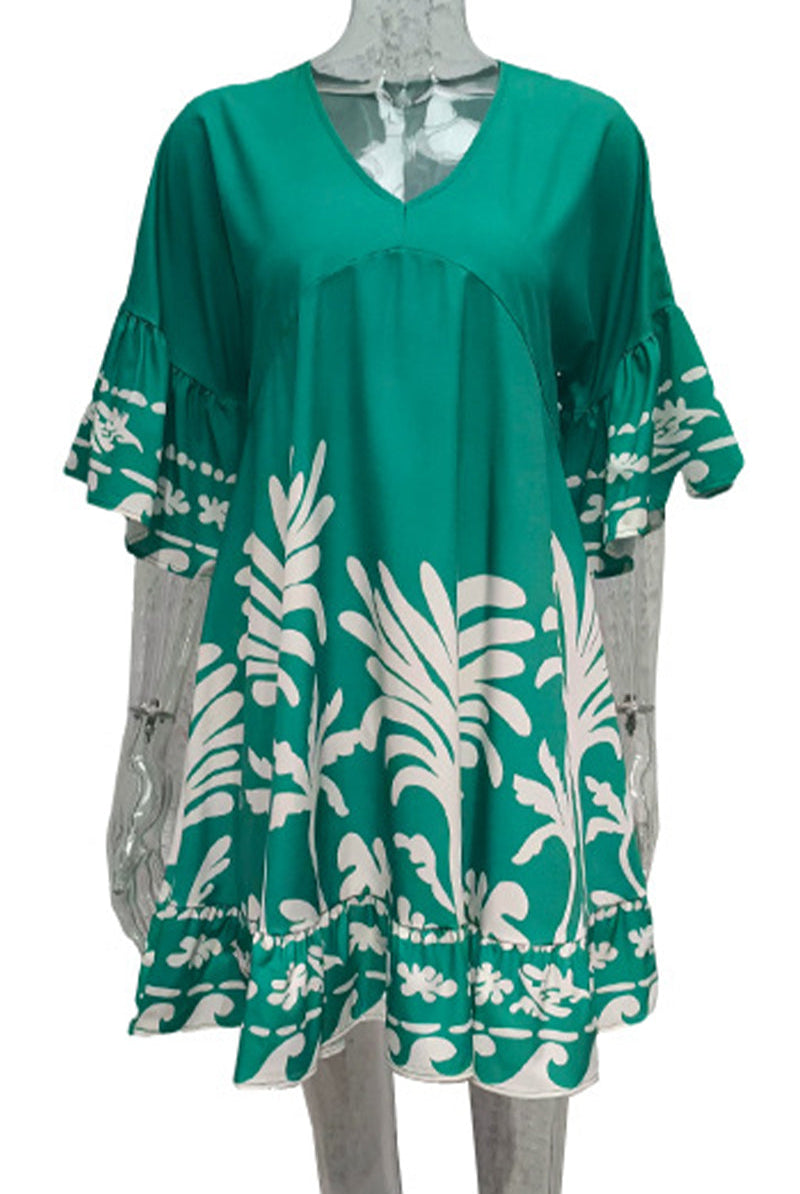 Women’s V-Neck A-Line Dress - Bohemian Print - Bell Sleeves - Tiered Hem by Lumina Vancouver