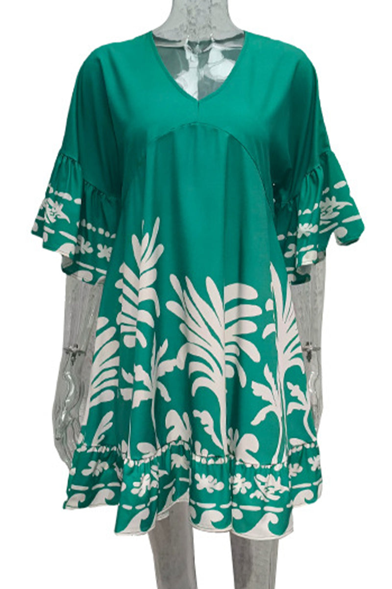 Women’s V-Neck A-Line Dress - Bohemian Print - Bell Sleeves - Tiered Hem by Lumina Vancouver