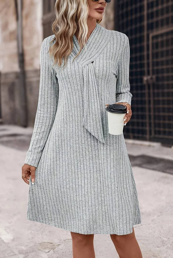 Women's Knit Dress - Ribbed Texture - Long Sleeve - Scarf Neck Elegant Fit by Lumina Vancouver