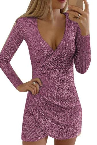 Women's Bodycon Mini Dress - Deep V-Neck - Long Sleeve - Sequin Textured Party Wear by Lumina Vancouver