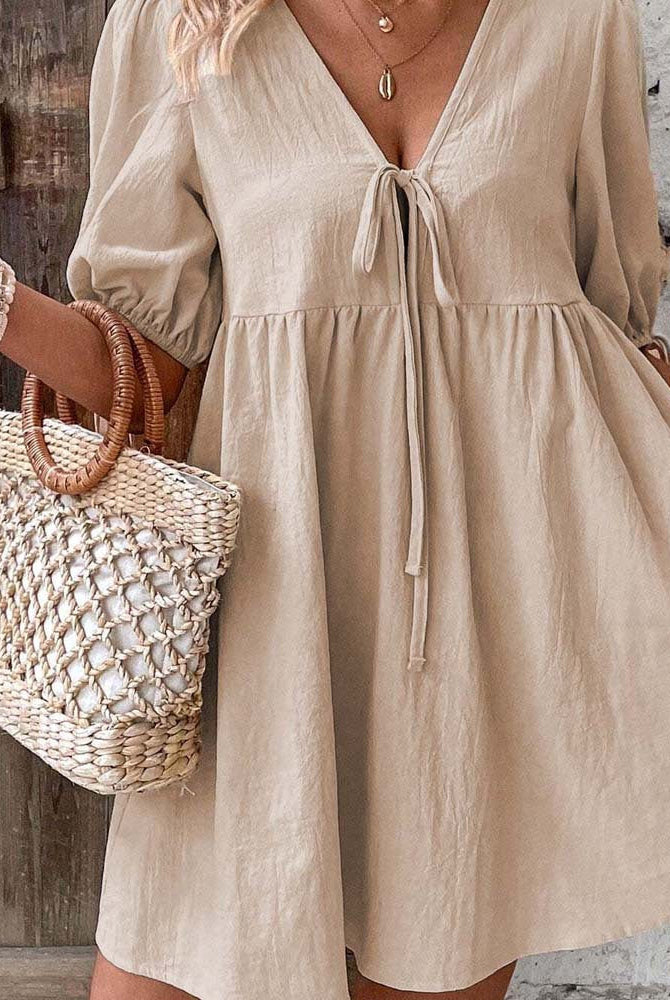 Women’s Mini Dress – A-Line Loose Fit – Deep V-Neck – Puff Sleeves – Tie Front by Lumina Vancouver