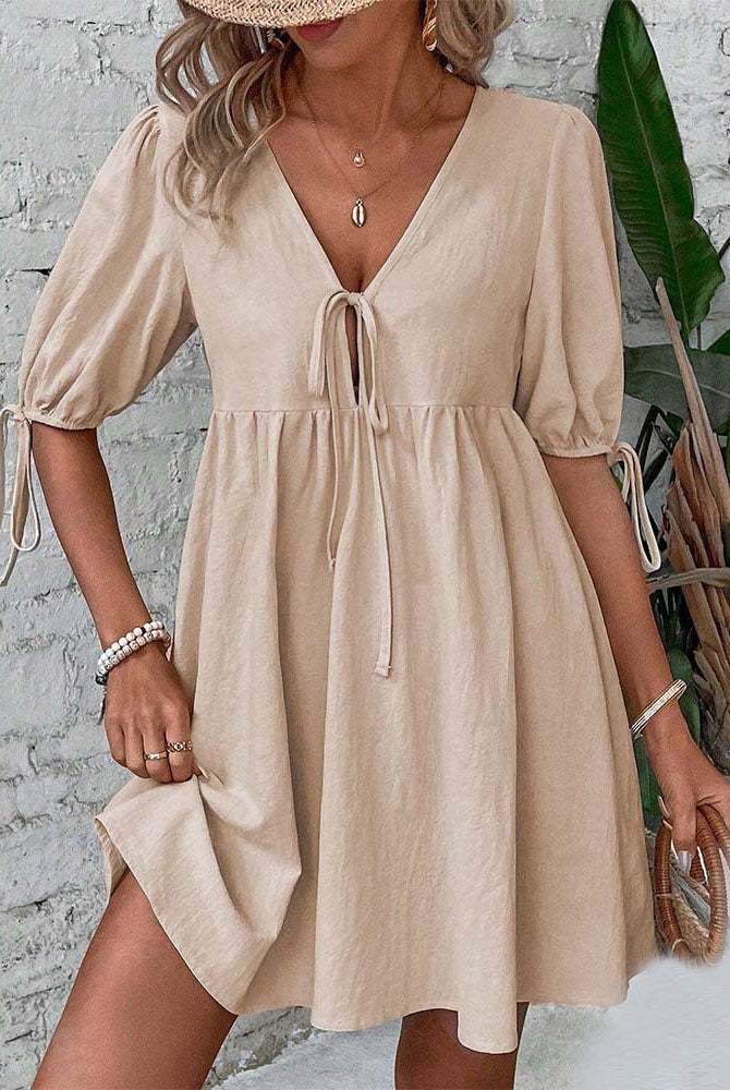 Women’s Mini Dress – A-Line Loose Fit – Deep V-Neck – Puff Sleeves – Tie Front by Lumina Vancouver