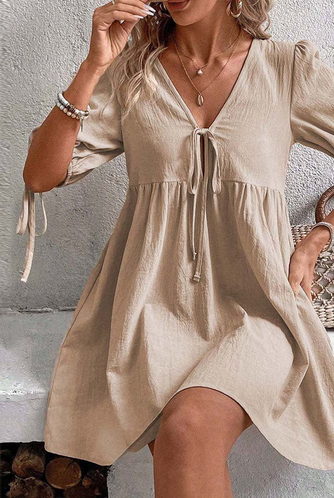Women’s Mini Dress – A-Line Loose Fit – Deep V-Neck – Puff Sleeves – Tie Front by Lumina Vancouver