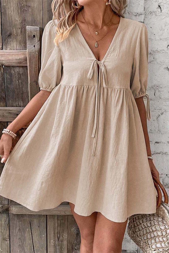 Women’s Mini Dress – A-Line Loose Fit – Deep V-Neck – Puff Sleeves – Tie Front by Lumina Vancouver