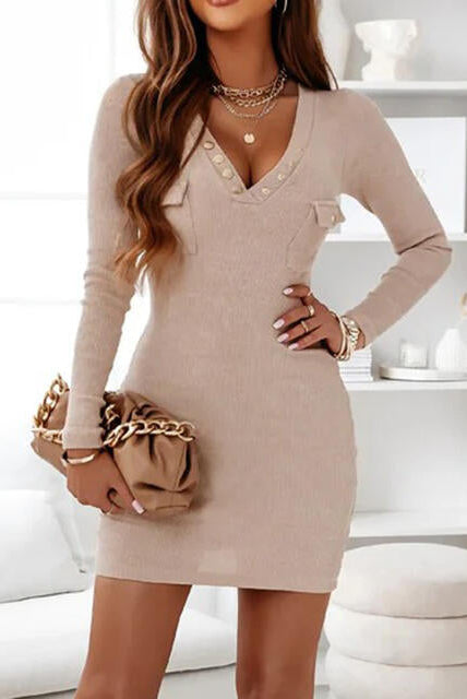 Women's Ribbed Knit Bodycon Dress - V-Neck - Button Detail - Long Sleeve Elegant Fit by Lumina Vancouver