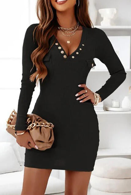 Women's Ribbed Knit Bodycon Dress - V-Neck - Button Detail - Long Sleeve Elegant Fit by Lumina Vancouver