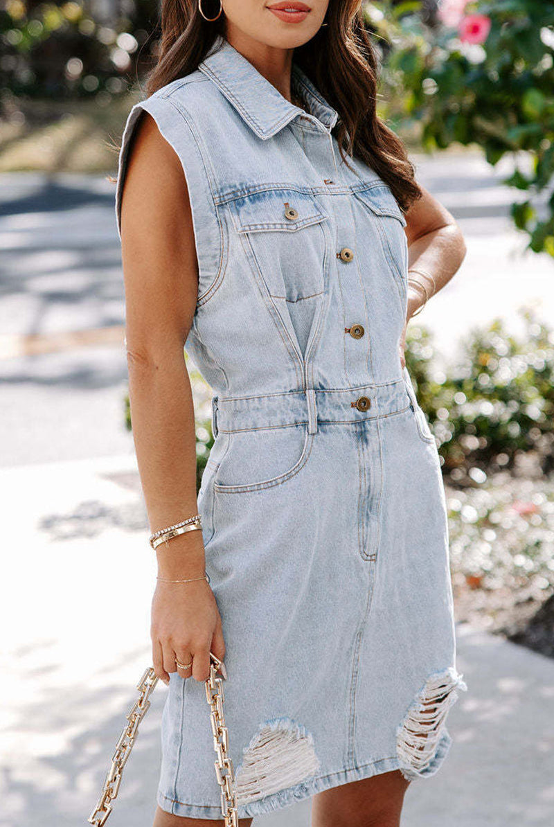 Women's Denim Dress - Sleeveless Button-Up - Collared Waist-Defined Distressed Look by Lumina Vancouver