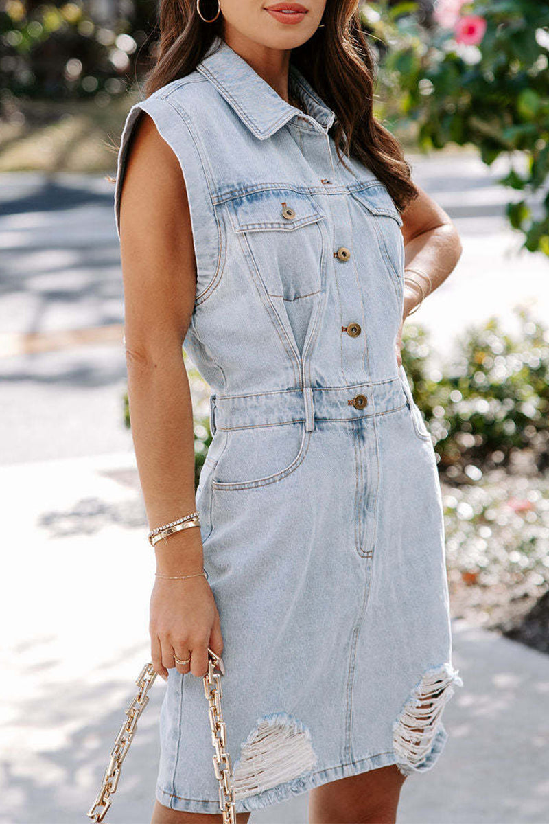 Women's Denim Dress - Sleeveless Button-Up - Collared Waist-Defined Distressed Look by Lumina Vancouver
