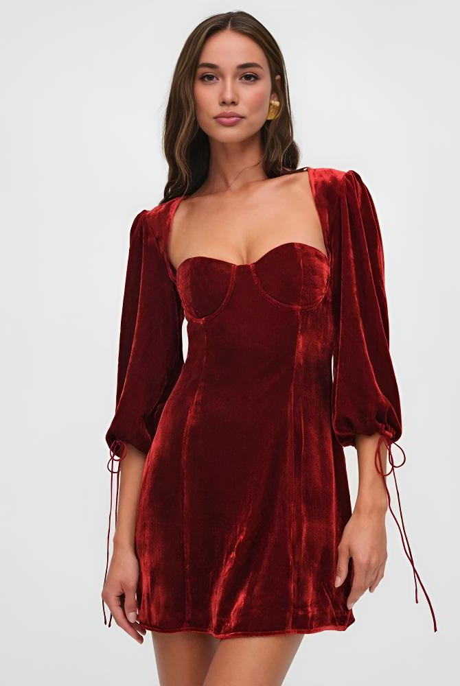 Women’s Mini Dress – Velvet Slim Fit – Puff Sleeve – Sweetheart Neckline – Evening Wear by Lumina Vancouver