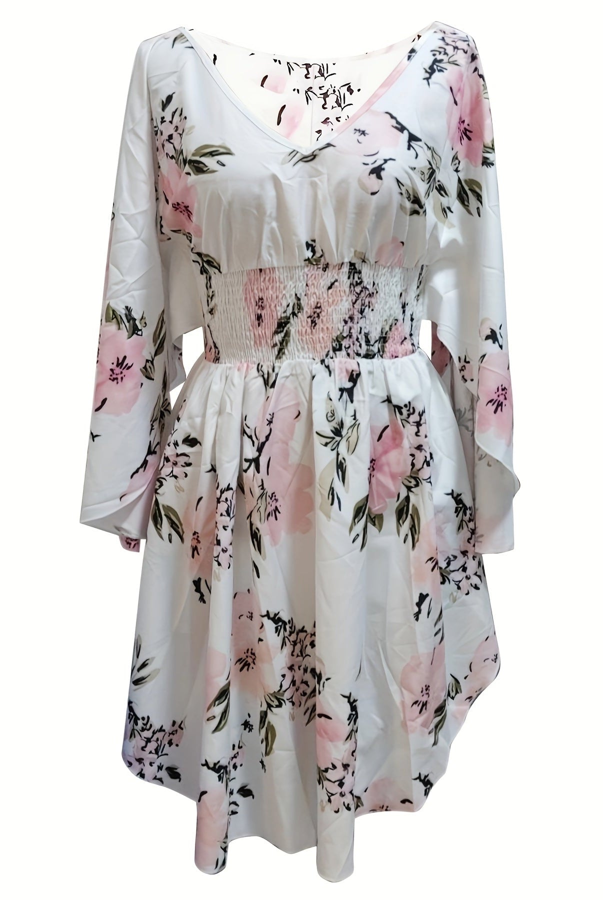 Women's Floral Print Dress - V-Neck - Long Sleeve - Smocked Waist - Ruffle Hem by Lumina Vancouver