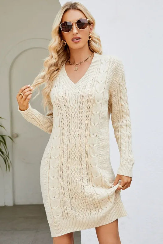 Women’s Knit Dress – Slim Fit – Wool Blend Cable Knit – V-Neck – Long Sleeve – Mini Length by Lumina Vancouver