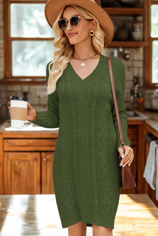 Women’s Knit Dress – Slim Fit – Wool Blend Cable Knit – V-Neck – Long Sleeve – Mini Length by Lumina Vancouver