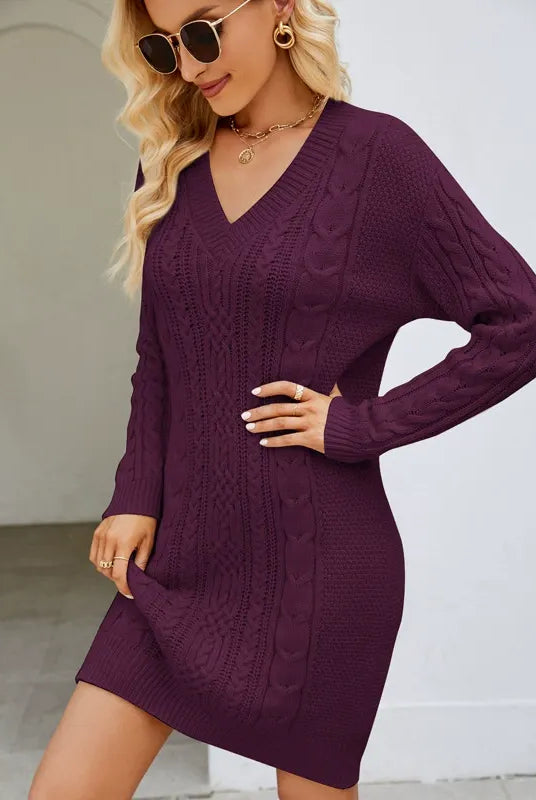 Women’s Knit Dress – Slim Fit – Wool Blend Cable Knit – V-Neck – Long Sleeve – Mini Length by Lumina Vancouver