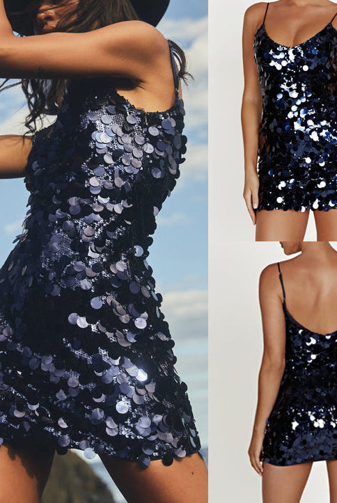 Women's Sequin Mini Dress - V-Neck - Spaghetti Straps - Fitted Party Wear by Lumina Vancouver