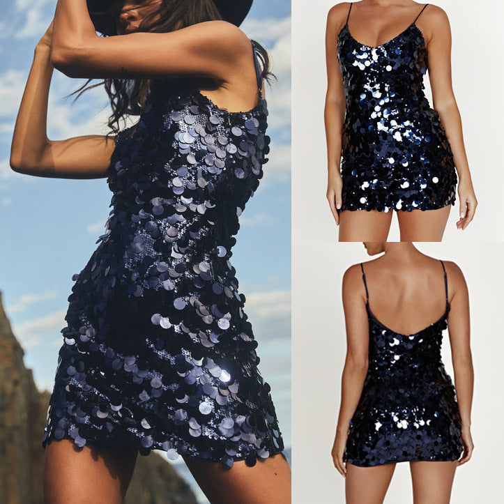 Women's Sequin Mini Dress - V-Neck - Spaghetti Straps - Fitted Party Wear by Lumina Vancouver