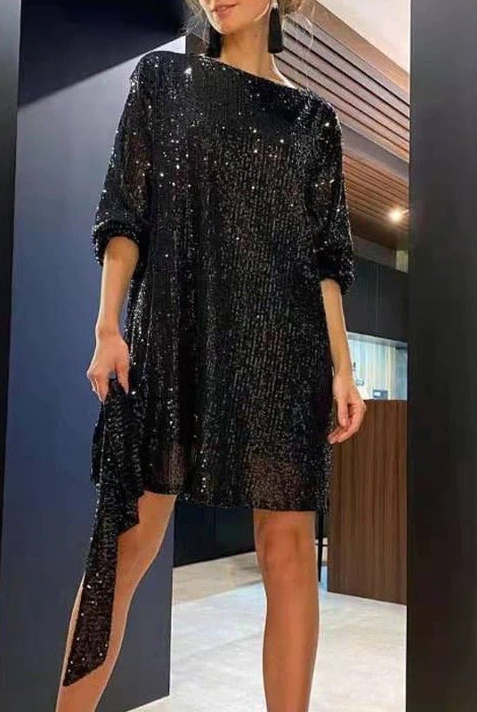Women's Sequin Mini Dress - Long Sleeve - Relaxed Fit - Asymmetrical Party Wear by Lumina Vancouver