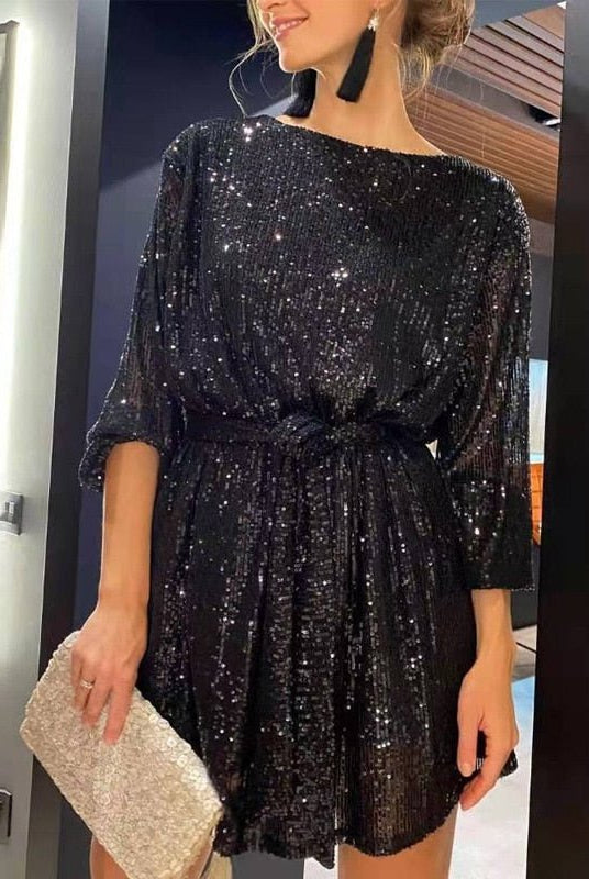 Women's Sequin Mini Dress - Long Sleeve - Relaxed Fit - Asymmetrical Party Wear by Lumina Vancouver