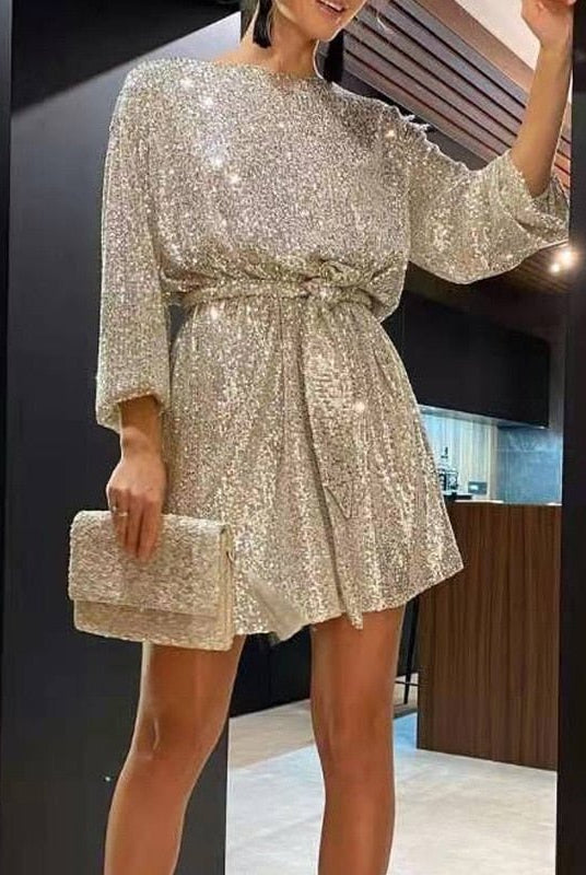 Women's Sequin Mini Dress - Long Sleeve - Relaxed Fit - Asymmetrical Party Wear by Lumina Vancouver
