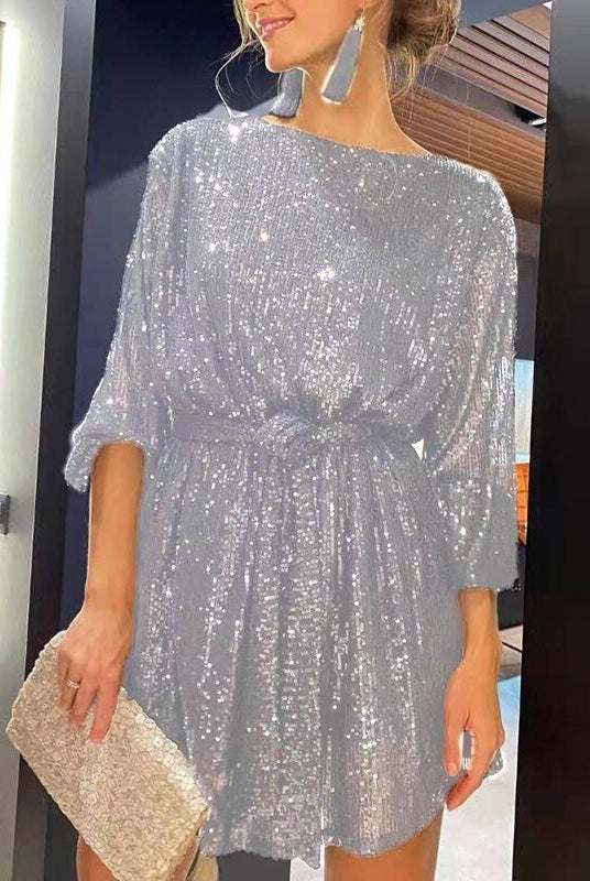 Women's Sequin Mini Dress - Long Sleeve - Relaxed Fit - Asymmetrical Party Wear by Lumina Vancouver