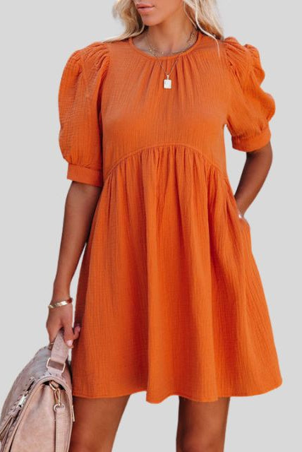 Women's Short Dress - Empire Waist - Puff Sleeves - Lightweight Textured Fabric - Relaxed Fit by Lumina Vancouver