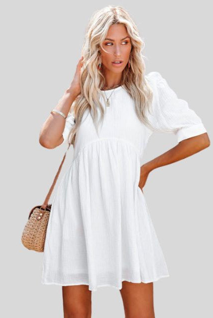 Women's Short Dress - Empire Waist - Puff Sleeves - Lightweight Textured Fabric - Relaxed Fit by Lumina Vancouver