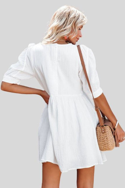 Women's Short Dress - Empire Waist - Puff Sleeves - Lightweight Textured Fabric - Relaxed Fit by Lumina Vancouver