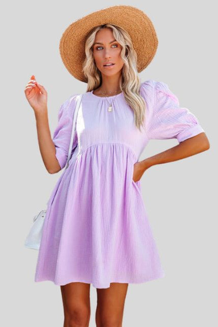 Women's Short Dress - Empire Waist - Puff Sleeves - Lightweight Textured Fabric - Relaxed Fit by Lumina Vancouver