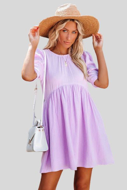 Women's Short Dress - Empire Waist - Puff Sleeves - Lightweight Textured Fabric - Relaxed Fit by Lumina Vancouver