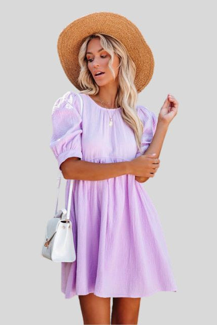 Women's Short Dress - Empire Waist - Puff Sleeves - Lightweight Textured Fabric - Relaxed Fit by Lumina Vancouver