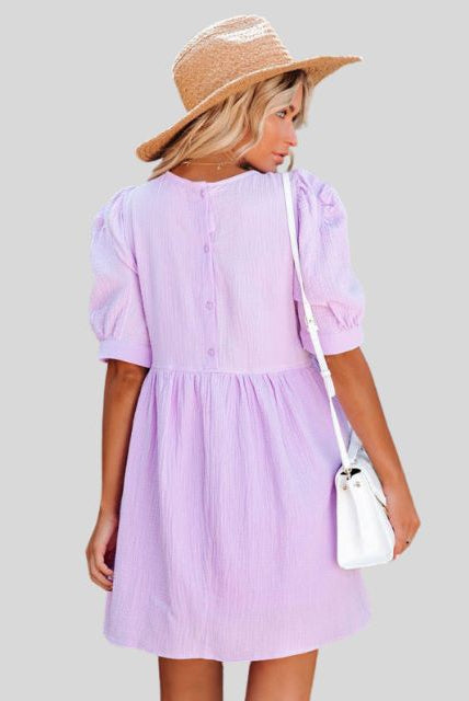 Women's Short Dress - Empire Waist - Puff Sleeves - Lightweight Textured Fabric - Relaxed Fit by Lumina Vancouver