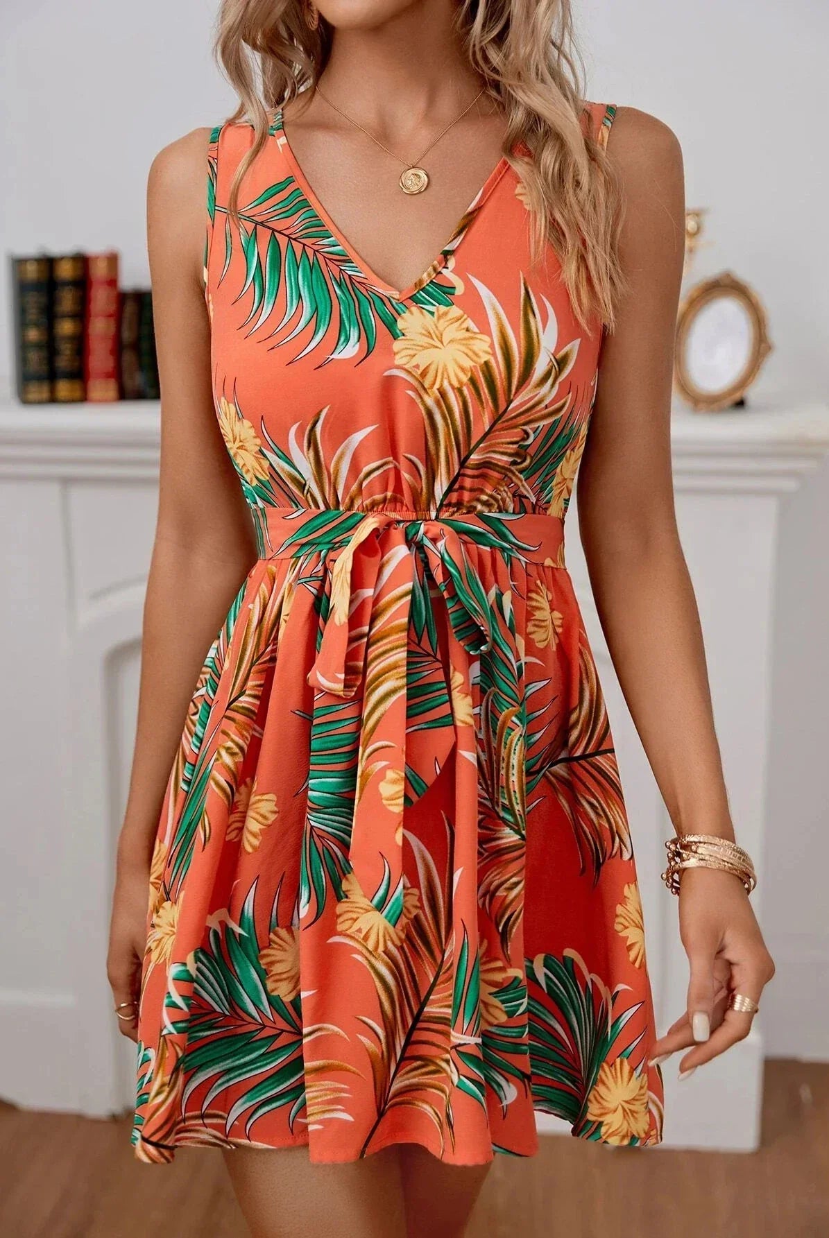 Women's Mini Dress - Sleeveless V-Neck - Tropical Print with Tie Belt - Flowy Casual Wear by Lumina Vancouver