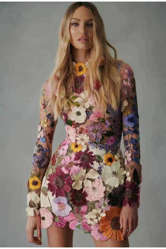 Women's Mini Dress - Floral Embroidery - Sheer Mesh - Long Sleeve Elegant Fit by Lumina Vancouver
