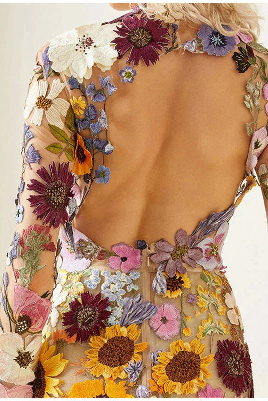 Women's Mini Dress - Floral Embroidery - Sheer Mesh - Long Sleeve Elegant Fit by Lumina Vancouver