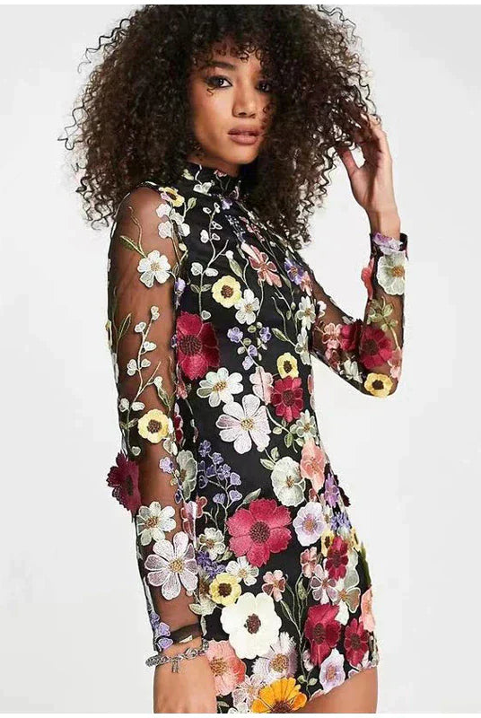Women's Mini Dress - Floral Embroidery - Sheer Mesh - Long Sleeve Elegant Fit by Lumina Vancouver