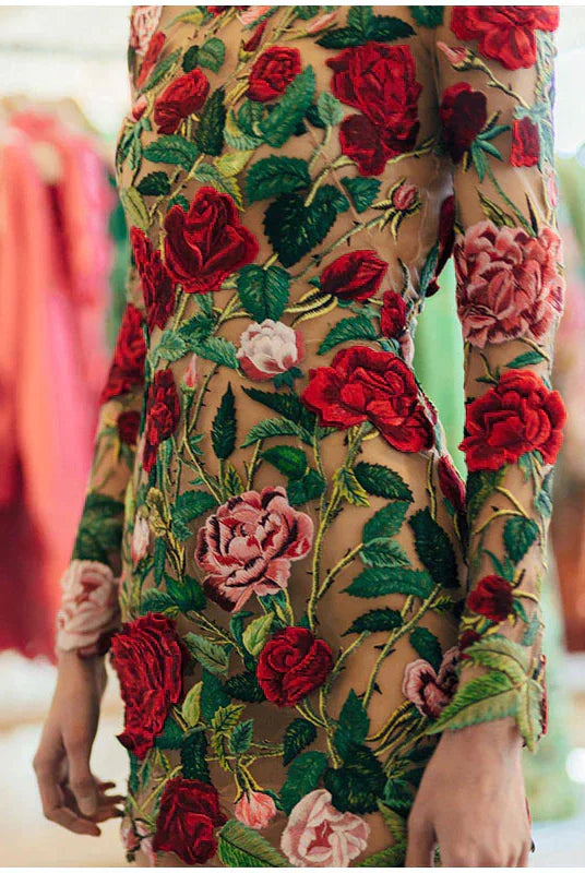Women's Mini Dress - Floral Embroidery - Sheer Mesh - Long Sleeve Elegant Fit by Lumina Vancouver
