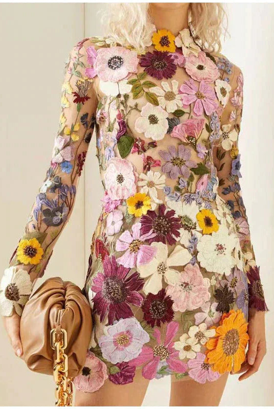 Women's Mini Dress - Floral Embroidery - Sheer Mesh - Long Sleeve Elegant Fit by Lumina Vancouver