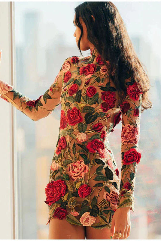 Women's Mini Dress - Floral Embroidery - Sheer Mesh - Long Sleeve Elegant Fit by Lumina Vancouver