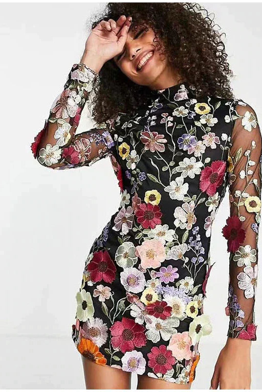 Women's Mini Dress - Floral Embroidery - Sheer Mesh - Long Sleeve Elegant Fit by Lumina Vancouver