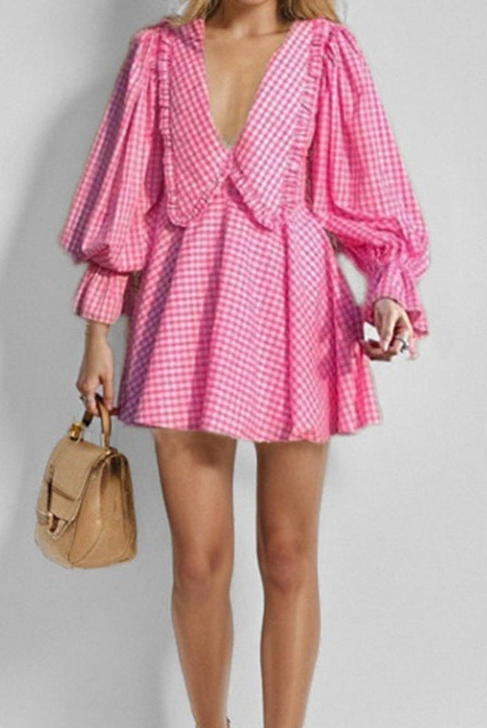 Women’s Mini Dress – Cotton – V-Neck – Gingham – Balloon Sleeves – Ruffle Trim by Lumina Vancouver